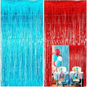Dr Seuss Cat in The Hat Birthday Party Decorations/Thing 1 and Thing 2 Party Decorations/Dr Seuss Baby Shower/Red Blue Fringe Foil Curtains Backdrop Circus Carnival Party/Nurse Graduation Deorations