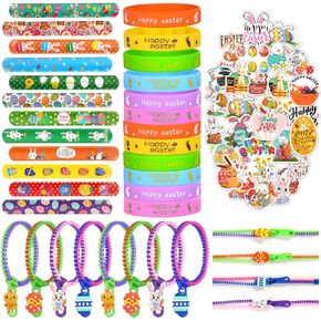 80Pcs Easter Party Favors Set with Easter Slap Bracelets Easter Stickers Zipper Wristband Bracelets Rubber bracelets Easter Egg Fillers GiftsToys for Kids Girls Boys Easter Basket Stuffers
