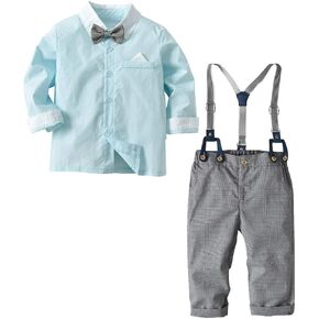 Baby Boys Gentleman Outfit Suits Long Sleeve Bowtie Overall Suspender Pocket Button Formal Suits