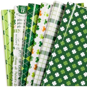 Whaline 12 Sheet St. Patrick's Day Wrapping Paper 6 Design Green Shamrock Clover Plaid Pattern Wrapping Paper Irish Holiday Art Paper for Birthday Party Gift Wrap DIY Craft, 19.7 x 27.6 Inch