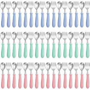Dandat 48 Pcs Toddler Utensils Bulk Kids Silverware Stainless Steel Forks and Spoons Safe Toddler Flatware Sets Metal Kids Cutlery with Round Thick Grip Handles for Self Feeding, Dishwasher Safe