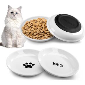 Cat Food Bowl, 4 Pcs Ceramic Cat Bowls,Shallow Wide Cat Dishes for Cat Dry & Wet Food and Water Plates,Non-Slip Silicone Bottom,Anti Whisker Fatigue Cat Bowls for Indoor Cats and Small Animals