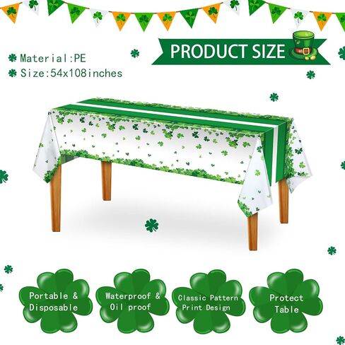 3 Pieces St Patrick's Day Plastic Tablecloths Disposable Green Table Cover for Rectangle Table, Waterproof Shamrock Lucky Clover Table Cloth Decorations for Irish Holiday Party (54 X 87 Inch) in Saudi Arabia