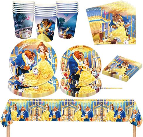 لوازم أدوات المائدة لحفلات أعياد الميلاد من RenbangUS Princess Belle، أدوات مائدة Beauty Beast تتضمن أطباق ومناديل وأكواب ومفرش طاولة لديكورات حفلات عيد ميلاد الأميرة (خدمة 16) in Kuwait