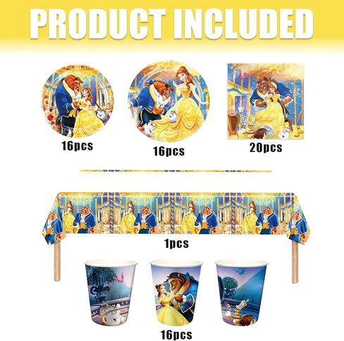 لوازم أدوات المائدة لحفلات أعياد الميلاد من RenbangUS Princess Belle، أدوات مائدة Beauty Beast تتضمن أطباق ومناديل وأكواب ومفرش طاولة لديكورات حفلات عيد ميلاد الأميرة (خدمة 16) in Kuwait