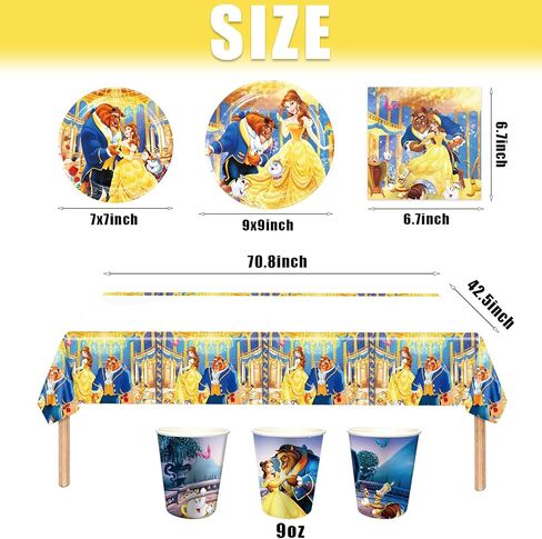 لوازم أدوات المائدة لحفلات أعياد الميلاد من RenbangUS Princess Belle، أدوات مائدة Beauty Beast تتضمن أطباق ومناديل وأكواب ومفرش طاولة لديكورات حفلات عيد ميلاد الأميرة (خدمة 16) in Kuwait