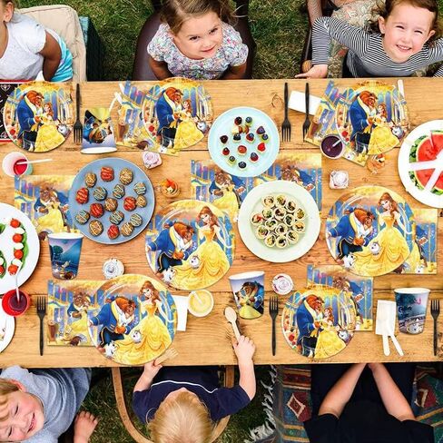 لوازم أدوات المائدة لحفلات أعياد الميلاد من RenbangUS Princess Belle، أدوات مائدة Beauty Beast تتضمن أطباق ومناديل وأكواب ومفرش طاولة لديكورات حفلات عيد ميلاد الأميرة (خدمة 16) in Kuwait