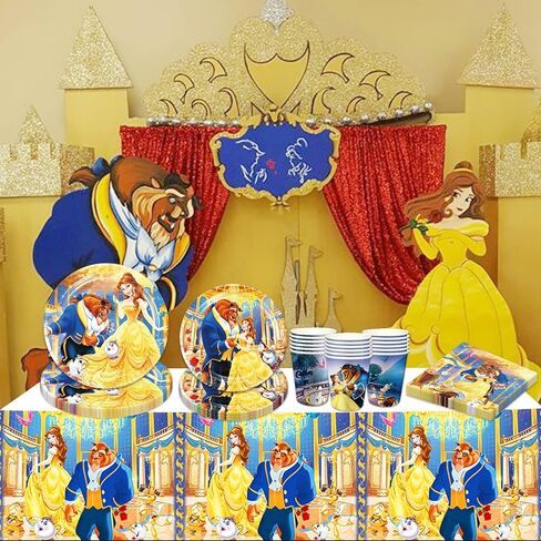 لوازم أدوات المائدة لحفلات أعياد الميلاد من RenbangUS Princess Belle، أدوات مائدة Beauty Beast تتضمن أطباق ومناديل وأكواب ومفرش طاولة لديكورات حفلات عيد ميلاد الأميرة (خدمة 16) in Kuwait