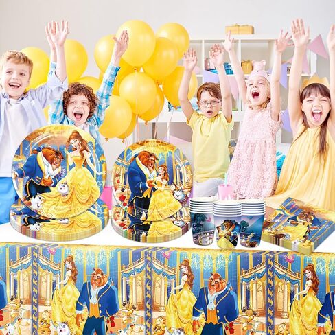لوازم أدوات المائدة لحفلات أعياد الميلاد من RenbangUS Princess Belle، أدوات مائدة Beauty Beast تتضمن أطباق ومناديل وأكواب ومفرش طاولة لديكورات حفلات عيد ميلاد الأميرة (خدمة 16) in Kuwait