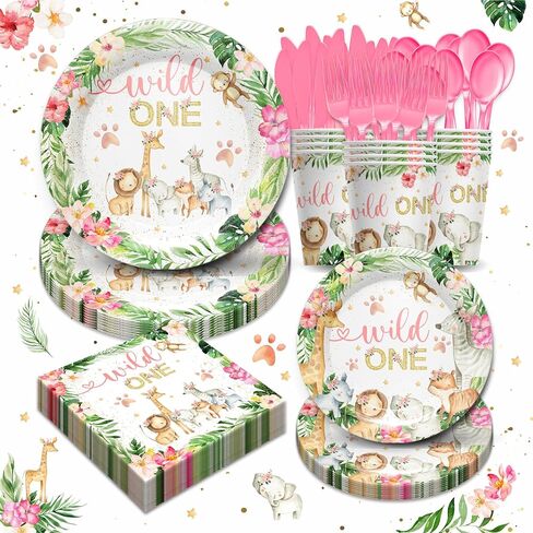 Piooluialy Wild One Birthday Party Supplies for Girls Tableware Set - Safari Birthday Decorations Include Plates, Napkins, Cups, Cutlery, Animal Jungle Theme Wild One Party Supplies | Serves 24 in Saudi Arabia