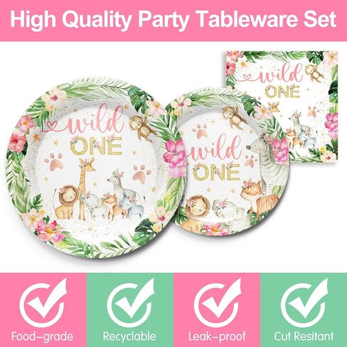 Piooluialy Wild One Birthday Party Supplies for Girls Tableware Set - Safari Birthday Decorations Include Plates, Napkins, Cups, Cutlery, Animal Jungle Theme Wild One Party Supplies | Serves 24 in Saudi Arabia