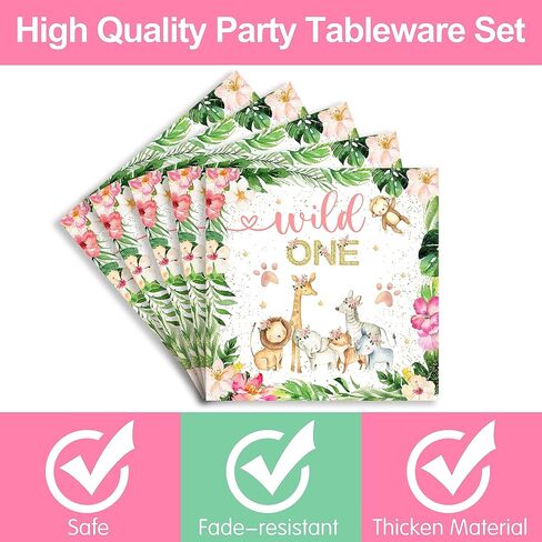 Piooluialy Wild One Birthday Party Supplies for Girls Tableware Set - Safari Birthday Decorations Include Plates, Napkins, Cups, Cutlery, Animal Jungle Theme Wild One Party Supplies | Serves 24 in Saudi Arabia