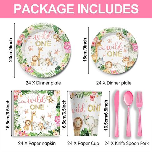 Piooluialy Wild One Birthday Party Supplies for Girls Tableware Set - Safari Birthday Decorations Include Plates, Napkins, Cups, Cutlery, Animal Jungle Theme Wild One Party Supplies | Serves 24 in Saudi Arabia
