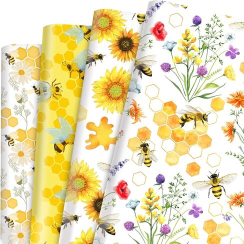 12 Sheets Bee Wrapping Paper 28 * 20 Inches Watercolor Honeybee Honeycomb Sunflower Pattern Gift Wrap Paper for Summer Spring Holidays Baby Shower DIY Craft in Saudi Arabia