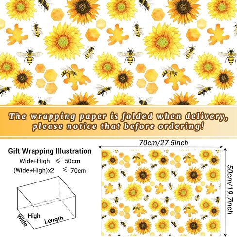 12 Sheets Bee Wrapping Paper 28 * 20 Inches Watercolor Honeybee Honeycomb Sunflower Pattern Gift Wrap Paper for Summer Spring Holidays Baby Shower DIY Craft in Saudi Arabia