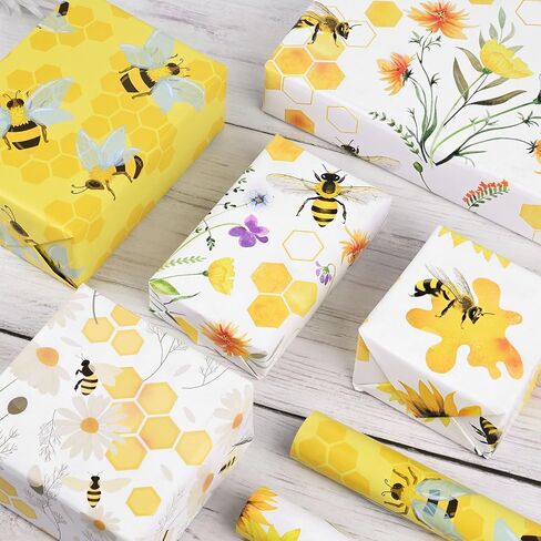 12 Sheets Bee Wrapping Paper 28 * 20 Inches Watercolor Honeybee Honeycomb Sunflower Pattern Gift Wrap Paper for Summer Spring Holidays Baby Shower DIY Craft in Saudi Arabia