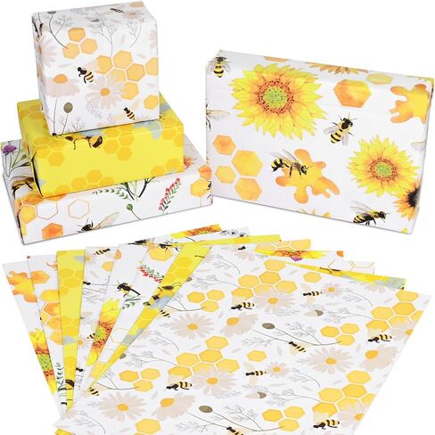 12 Sheets Bee Wrapping Paper 28 * 20 Inches Watercolor Honeybee Honeycomb Sunflower Pattern Gift Wrap Paper for Summer Spring Holidays Baby Shower DIY Craft in Saudi Arabia