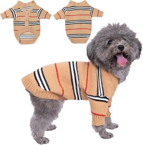ملابس الحيوانات الأليفة الكلاسيكية المحبوكة للقطط والكلاب سترة شتوية دافئة سترات بأزرار للكلاب المتوسطة الصغيرة (كاكي، كبير) in Kuwait