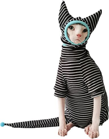 Hairless Cat Clothes, Cat Jumpsuit with Stripes 4 Legged Pajamas, Sphinx Clothing, Cat Apparel for Cats, Pet Onesies, Striped Cat Clothing with Hat and Tail Cover Set (X-Small, Full Set) in Saudi Arabia