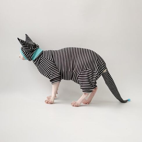 Hairless Cat Clothes, Cat Jumpsuit with Stripes 4 Legged Pajamas, Sphinx Clothing, Cat Apparel for Cats, Pet Onesies, Striped Cat Clothing with Hat and Tail Cover Set (X-Small, Full Set) in Saudi Arabia