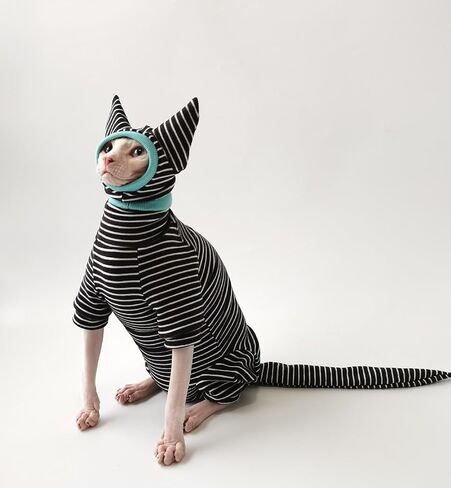 Hairless Cat Clothes, Cat Jumpsuit with Stripes 4 Legged Pajamas, Sphinx Clothing, Cat Apparel for Cats, Pet Onesies, Striped Cat Clothing with Hat and Tail Cover Set (X-Small, Full Set) in Saudi Arabia