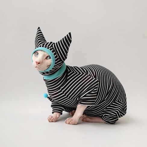 Hairless Cat Clothes, Cat Jumpsuit with Stripes 4 Legged Pajamas, Sphinx Clothing, Cat Apparel for Cats, Pet Onesies, Striped Cat Clothing with Hat and Tail Cover Set (X-Small, Full Set) in Saudi Arabia