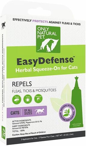 Only Natural Pet Flea and Tick Prevention for Cats - EasyDefense Flea Remedy - Natural Flea Care Control Squeeze-On Drops - Tick and Flea Protection - Three Months Supply (2-Pack) in Saudi Arabia