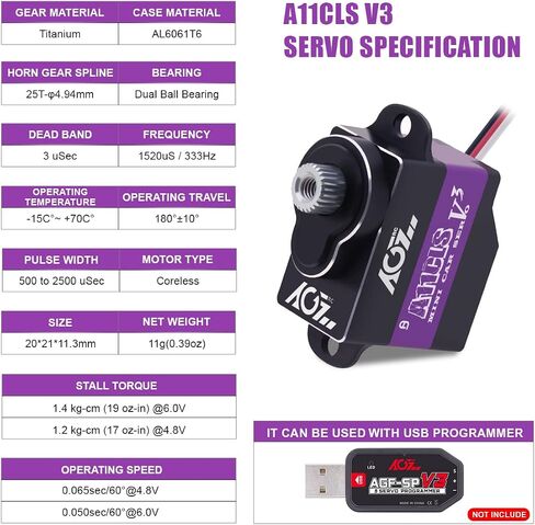 AGFRC Mini-Z-Car Micro Steering Servo - ترقية 11 جرام قابلة للبرمجة 0.050 ثانية عالية السرعة معدات معدنية كاملة رقمية صغيرة بدون قلب، زاوية تحكم 180 درجة (A11CLS V3) in Kuwait