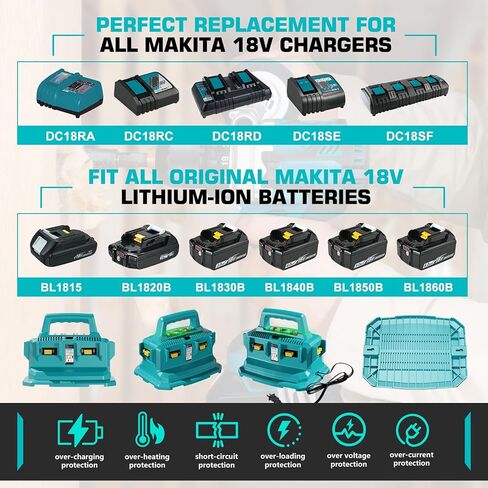 18 فولت 6 منافذ استبدال شاحن سريع لماكيتا 18 فولت شاحن DC18SF DC18RC DC18RD DC18RF، متوافق مع ماكيتا بطارية 18 فولت BL1820B BL1830 BL1840 BL1850 لمحطة شاحن بطارية ماكيتا 18 فولت in Kuwait
