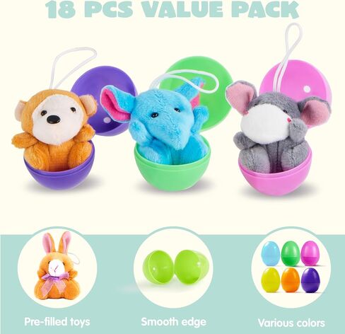 JOYIN 18 Pcs Pre-Filled Easter Eggs with Plush Animal Toys, Egg Filled Keychain for Kids Hunt Goodie Bag Fillers Basket Stuffers and Party Favor in Saudi Arabia