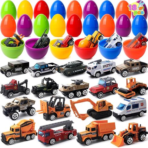 JOYIN 18 Pcs Jumbo Easter Eggs Filled with Die-cast Vehicles, Pull Back City Cars and Trucks Toy Prefilled Egg for Kids Basket Easter Stuffers, Party Favors and Easter Eggs Hunt in Saudi Arabia