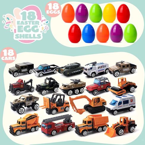 JOYIN 18 Pcs Jumbo Easter Eggs Filled with Die-cast Vehicles, Pull Back City Cars and Trucks Toy Prefilled Egg for Kids Basket Easter Stuffers, Party Favors and Easter Eggs Hunt in Saudi Arabia