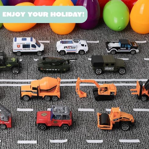 JOYIN 18 Pcs Jumbo Easter Eggs Filled with Die-cast Vehicles, Pull Back City Cars and Trucks Toy Prefilled Egg for Kids Basket Easter Stuffers, Party Favors and Easter Eggs Hunt in Saudi Arabia