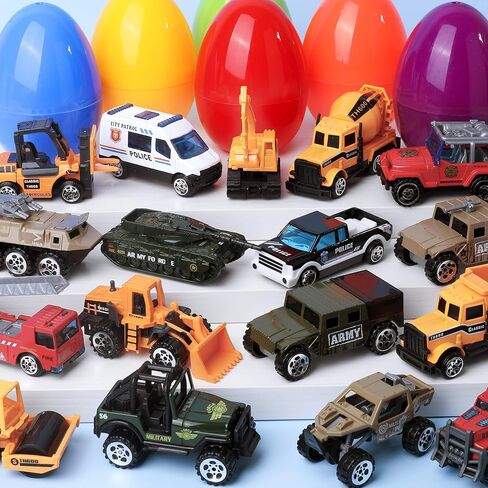 JOYIN 18 Pcs Jumbo Easter Eggs Filled with Die-cast Vehicles, Pull Back City Cars and Trucks Toy Prefilled Egg for Kids Basket Easter Stuffers, Party Favors and Easter Eggs Hunt in Saudi Arabia