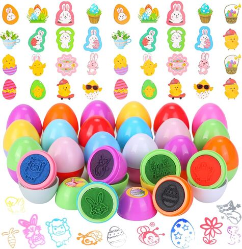 بيستويل 24 قطعة من حشو سلة عيد الفصح للأطفال الأولاد والبنات، طوابع التحبير الذاتي مع وشم عيد الفصح، بيض عيد الفصح البلاستيكي مع ألعاب بالداخل، هدايا عيد الفصح هدايا عيد الفصح حشو سلة in Kuwait