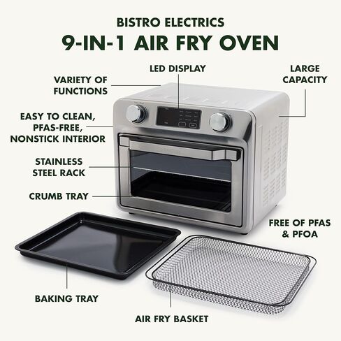 فرن قلي هوائي 9 في 1 من الفولاذ المقاوم للصدأ من GreenPan Bistro، مقلاة خبز غير لاصقة، رف وسلة من الفولاذ المقاوم للصدأ، تسخين سريع، إعدادات مسبقة متعددة الوظائف، مقبض بارد اللمس، خالي من PFAS، صينية فتات سهلة التنظيف in Kuwait