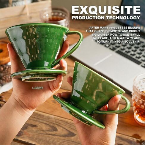 Pour Over Coffee Dripper - Ceramic Coffee Maker with 1 Holes Flat Bottom Slow Filter Cone for Travel,Camping,Office,Home,portable,Easy Manual Brew Maker,green with 2-4 people in Kuwait