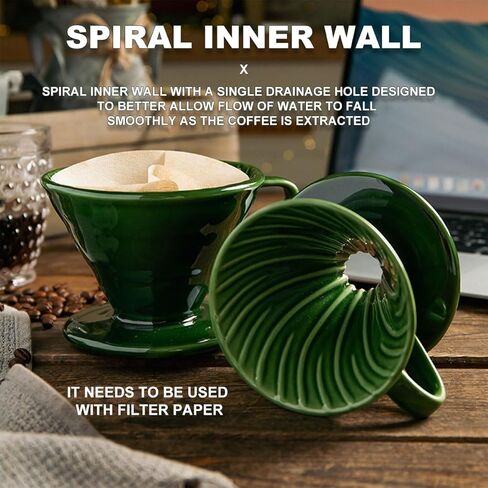 Pour Over Coffee Dripper - Ceramic Coffee Maker with 1 Holes Flat Bottom Slow Filter Cone for Travel,Camping,Office,Home,portable,Easy Manual Brew Maker,green with 2-4 people in Kuwait