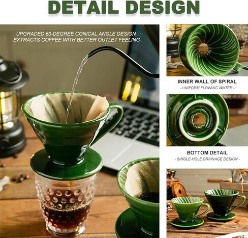 Pour Over Coffee Dripper - Ceramic Coffee Maker with 1 Holes Flat Bottom Slow Filter Cone for Travel,Camping,Office,Home,portable,Easy Manual Brew Maker,green with 2-4 people in Kuwait