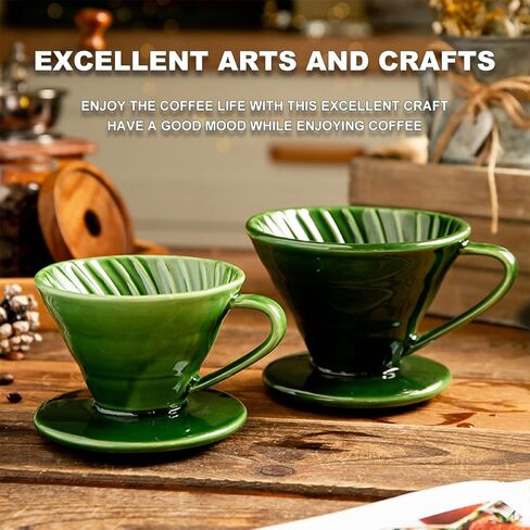Pour Over Coffee Dripper - Ceramic Coffee Maker with 1 Holes Flat Bottom Slow Filter Cone for Travel,Camping,Office,Home,portable,Easy Manual Brew Maker,green with 2-4 people in Kuwait