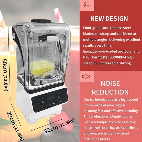خلاط تجاري Yovtekc للمخفوقات والعصائر، 1.8 لتر (61 أونصة) خلاط احترافي عالي السرعة للمطبخ، خلاط على سطح الطاولة مع درع صوت لعصائر الفاكهة المجمدة، 2200 وات 110 فولت أبيض in Kuwait