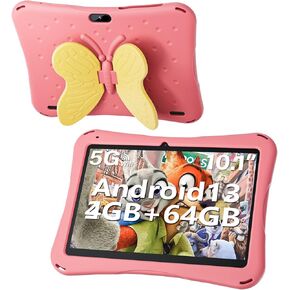 SGIN Tablet for Kids, 10 Inch Android 13 Kids Tablet with Case, 4(2+2) GB RAM 64GB ROM, 5000mAh, 1280 * 800 Display, Dual Camera, WiFi, KIDOZ Pre-Installed Toddlers Tablet, Yellow Butterfly Handle in Kuwait