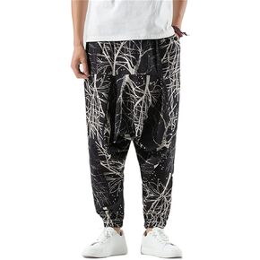 ENLACHIC Men's Casual Print Jogger Sweatpants Linen Cotton Elastic Waist Drawstring Pocket Long Pants