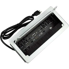 Tabletop Multimedia Connectivity Box with 4 Power Socket +2 USB Charger+1 HDMI+2 RJ45(CAT6) +2 Audio+1 VGA with 5.58ft Power Cord for Conference Room(Silver)