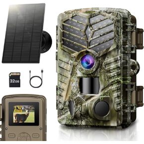 Solareye Trail Camera WiFi Solar Powered, 2.7K 48MP Game Camera with Night Vision Motion Activated with 32GB Micro SD Card, IP66 Waterproof 120° Detection Angle 0.2s Trigger 940nm No Glow LED Wildlife