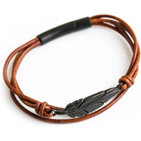 LynnAround Stylish Surfer Men Women Angel Wing Leaf Feather Genuine Leather Bangle Cuff Wrap Bracelets Stainless Steel Magnetic Clasp