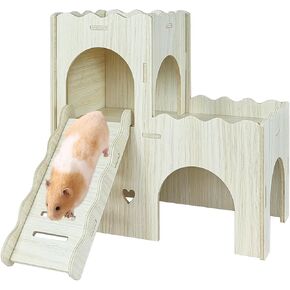 Wood Hamster Hideout House Habitat Wooden Maze Hide Hut with Platform Cage Accessories Toys for Syrian Dwarf Gerbils Mouse Mice Rat Other Small Animals etc. (02 Wave House)