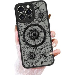 OOK Black Case Design for iPhone 16 Pro Max Case [Compatible with MagSafe], Cute Sunflower Floral Bee Design Frosted Shockproof for Women Girls Magnetic Phone Cover - Black Flower