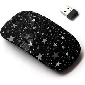 2.4G Wireless Mouse with Cute Pattern Design for All Laptops and Desktops with Nano Receiver - White Stars on