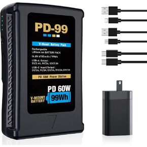V Mount Battery 99Wh(6700mAh) 14.8V Support PD 65W USB-C Fast Charger, with D-TAP, USB-A, USB-C Port, V-Mount Battery for LED Light Camera Video Broadcast Camcorder MacBook and Smartphone